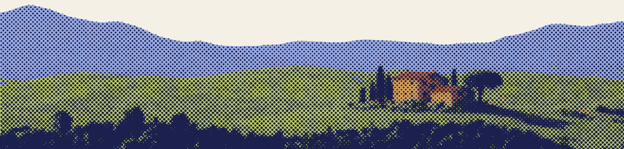 A printed halftone landscape: blue mountain ranges behind rolling green hills, a farmhouse among cypress trees on the crest, and a dark tree line in the foreground.